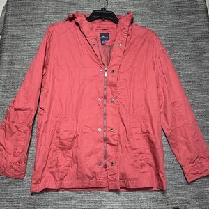 Dockers Rain Jacket Women's M Red Full Zip Snap Hooded Long Sleeve
